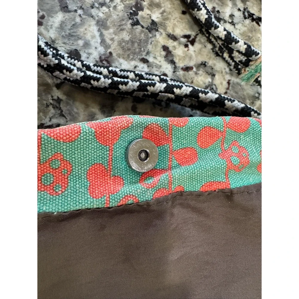 KAVU Keeper Teal Coral Floral Canvas Crossbody Bag Rope Strap Slim Travel Pouch